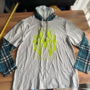 Disney Parks Haunted Mansion Layered Look Flannel Plaid Sleeve Hoodie Top M‎